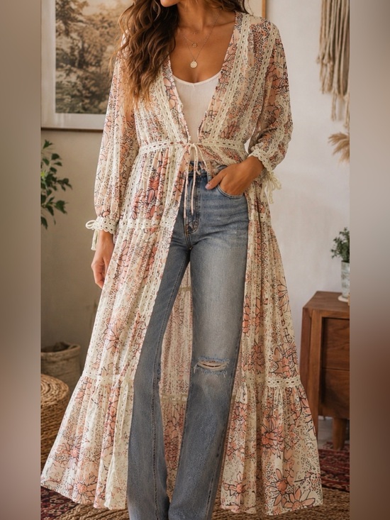 Free People Sweaters - Free People NWT Grasslands Duster Kimono Floral Lace Tie XS/S Fits L Boho DU